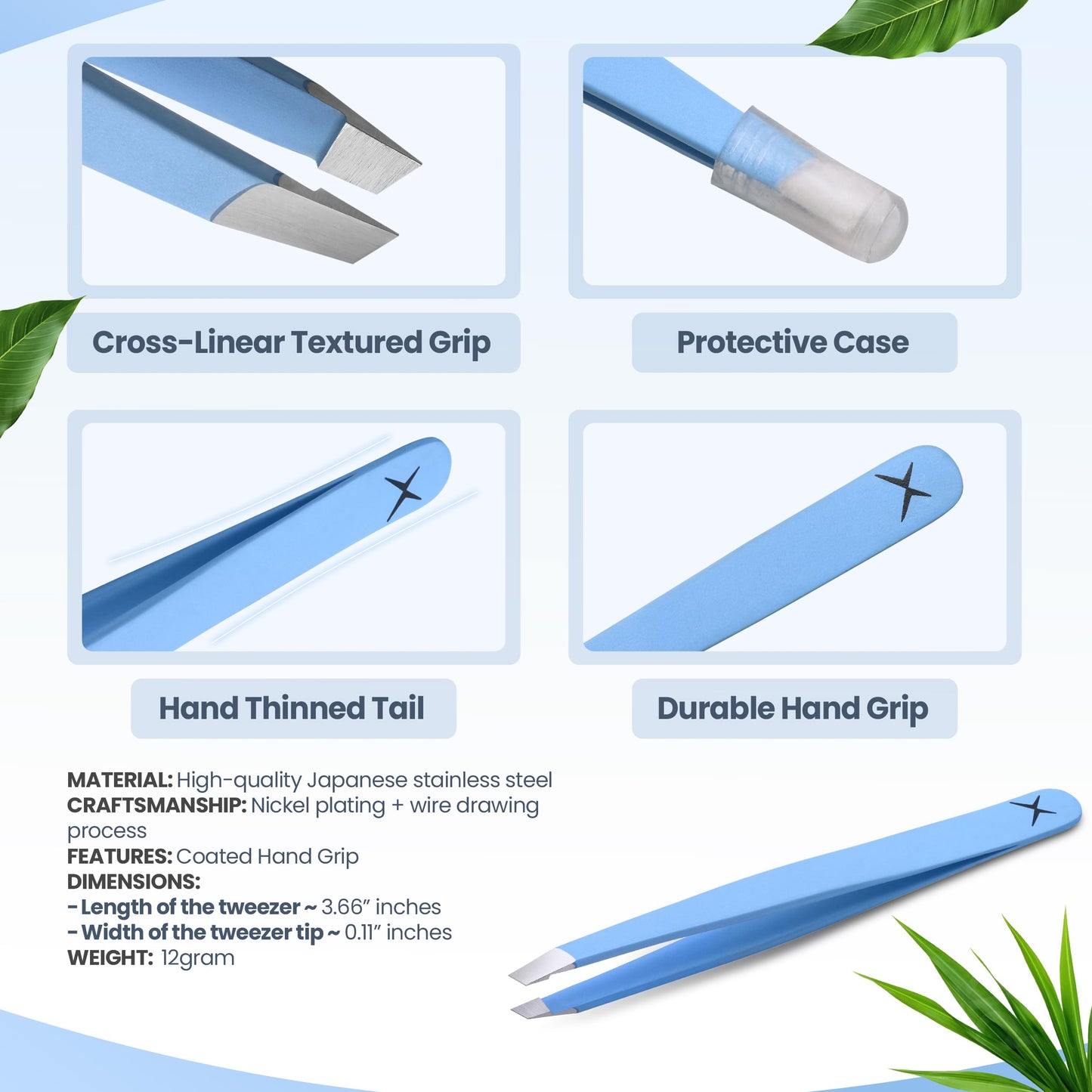 Professional Slant Tip Tweezers - Precision Stainless Steel Eyebrow Plucking Tool for Women and Men, Ingrown Hair Remover, Facial Hair Tweezers for Grooming (Baby Blue)