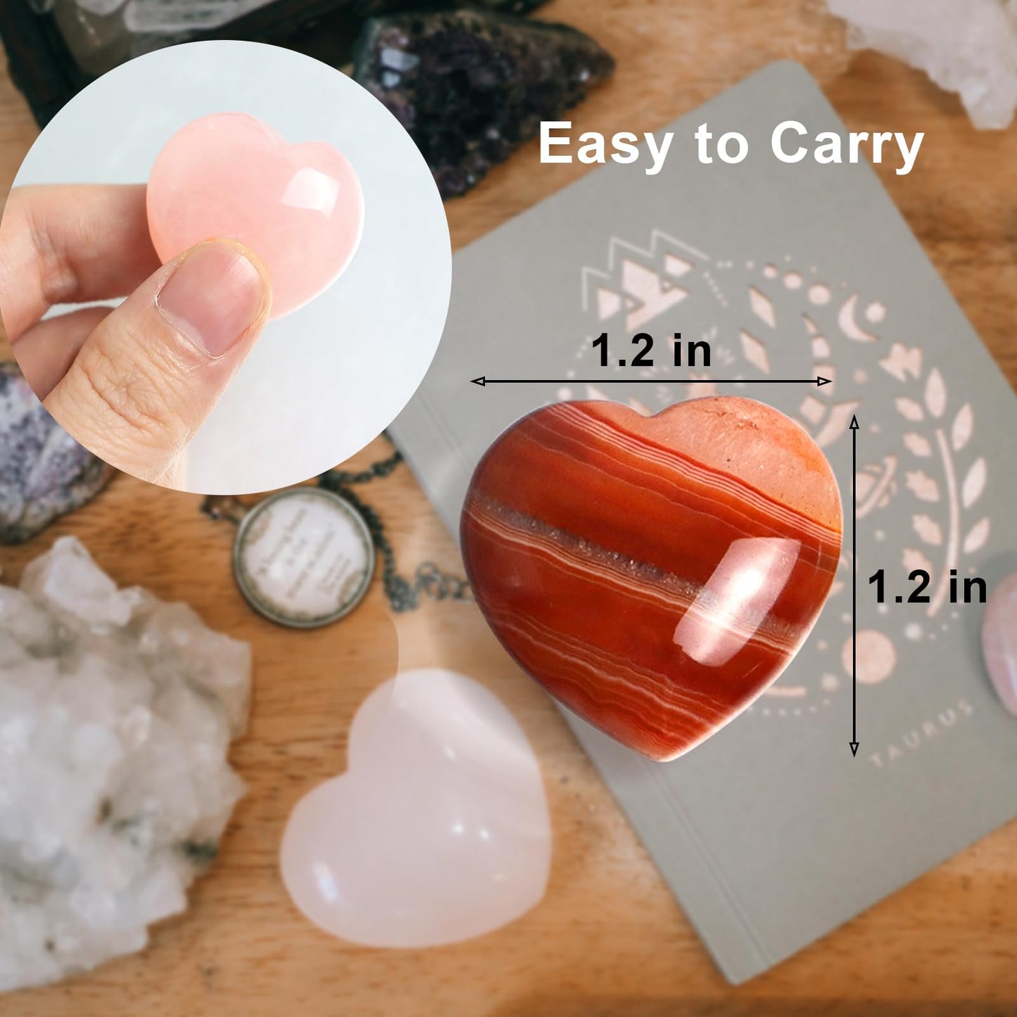4Pcs Healing Crystals and Heart Stones, Amethyst Rose Quartz Opal Agate Crystal Set Bulk, Polished Love Worry Stones Palm Pocket Stone Reiki Meditation 1.2" Pink Heart Anxiety Relief Gifts for Women