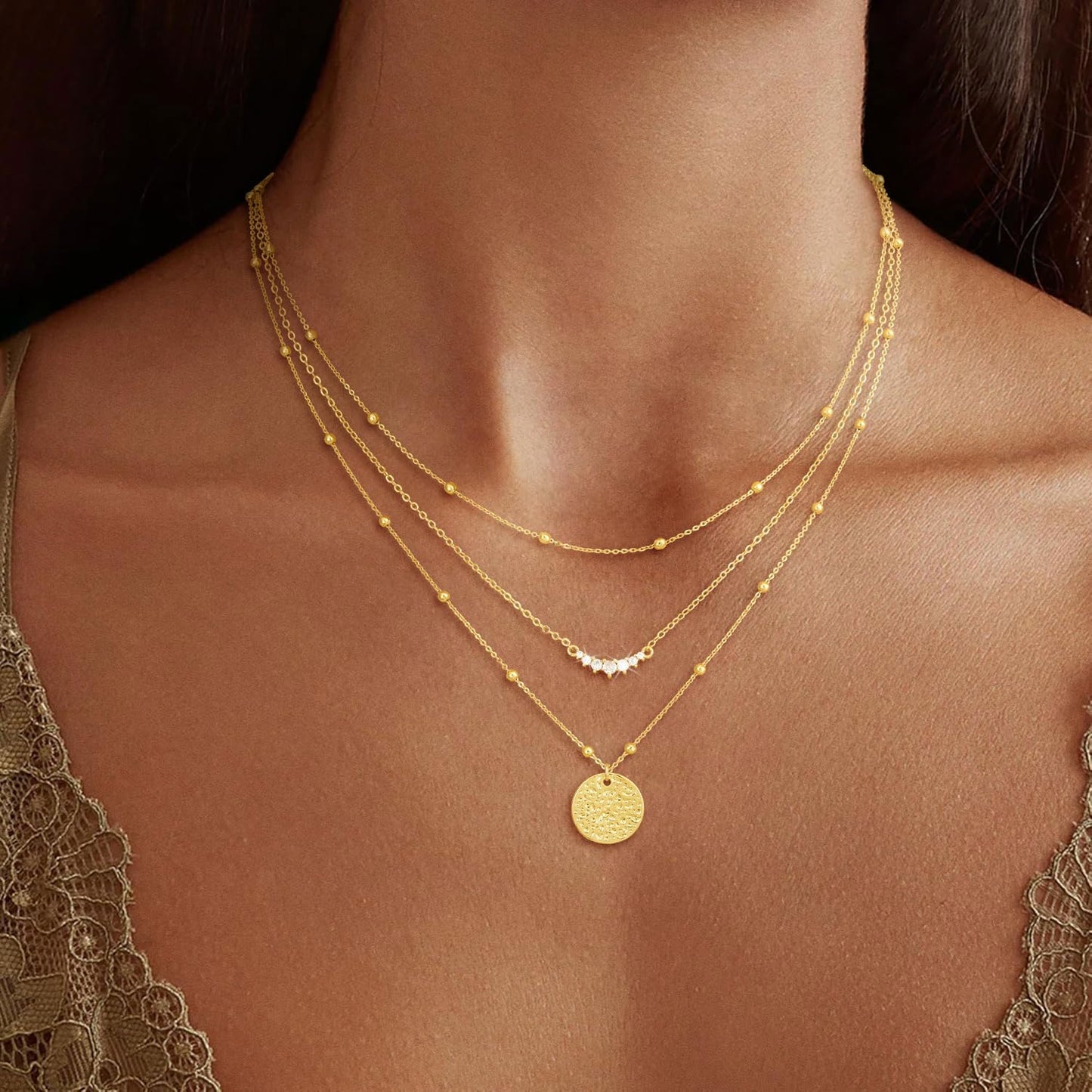 CHESKY 14K Gold Plated Layered Necklaces for Women,Stackable Dainty CZ Bar Disc Pendant Necklace Adjustable Layering Beads Chain Choker Necklace Jewelry Gifts