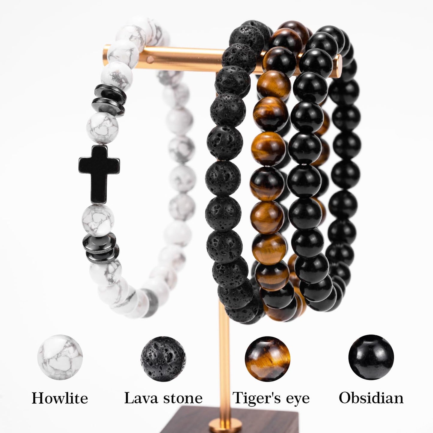 Crystery Men Beaded Bracelets, 8mm Natural Stone Bracelet, Healing Crystal, Jewelry Gifts for men, Triple Protection, Howlite, Tiger Eye, Black Obsidian Beads Bracelets, Lava Rock, Pack of 4