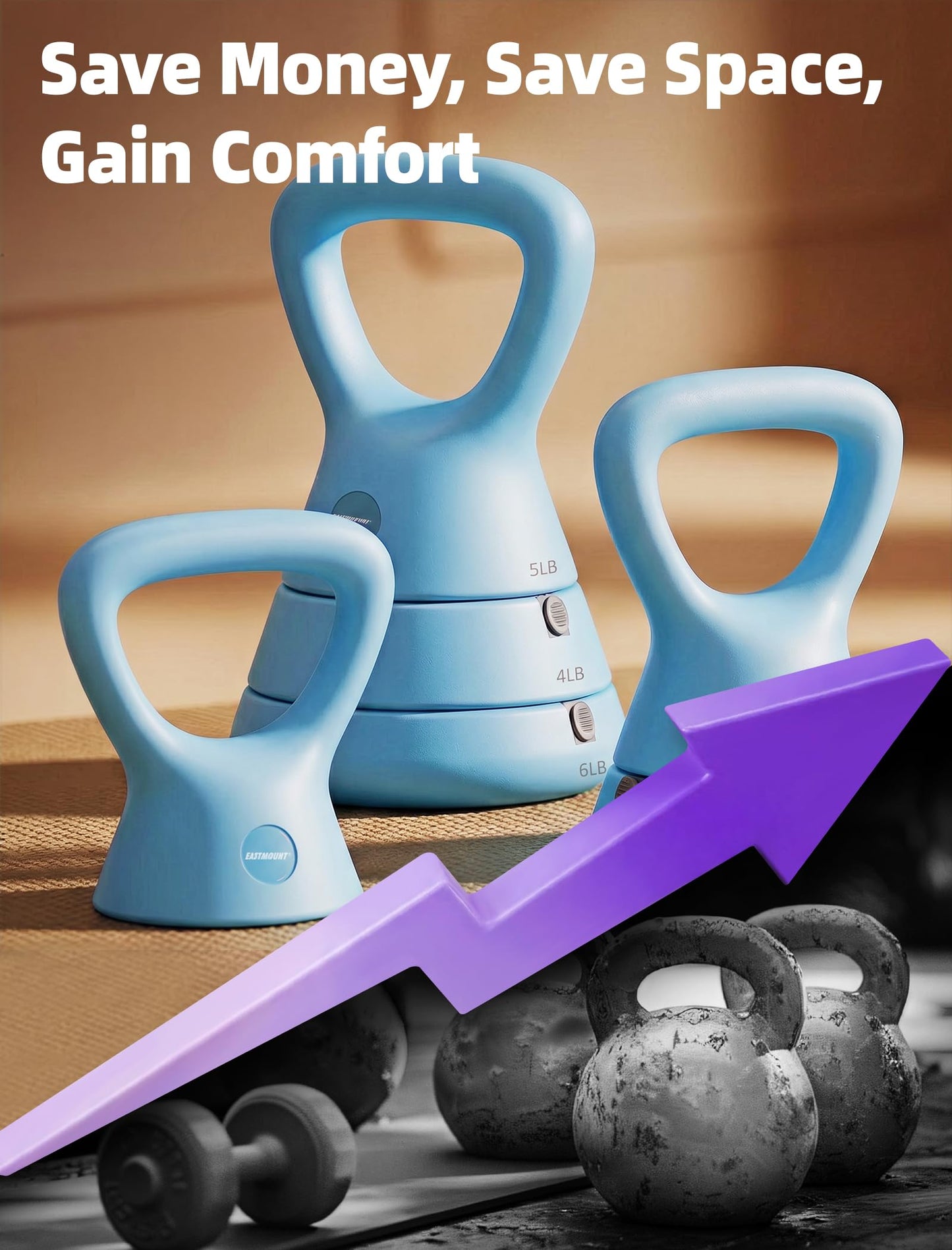 EAST MOUNT 15LB Adjustable Kettlebell Set – 3-in-1 (5/9/15 LB), Compact Adjustable Weights, Wide Triangle Handle and Wrist-Friendly Design for Home Gym, Full-Body Workouts and Strength Training, Blue