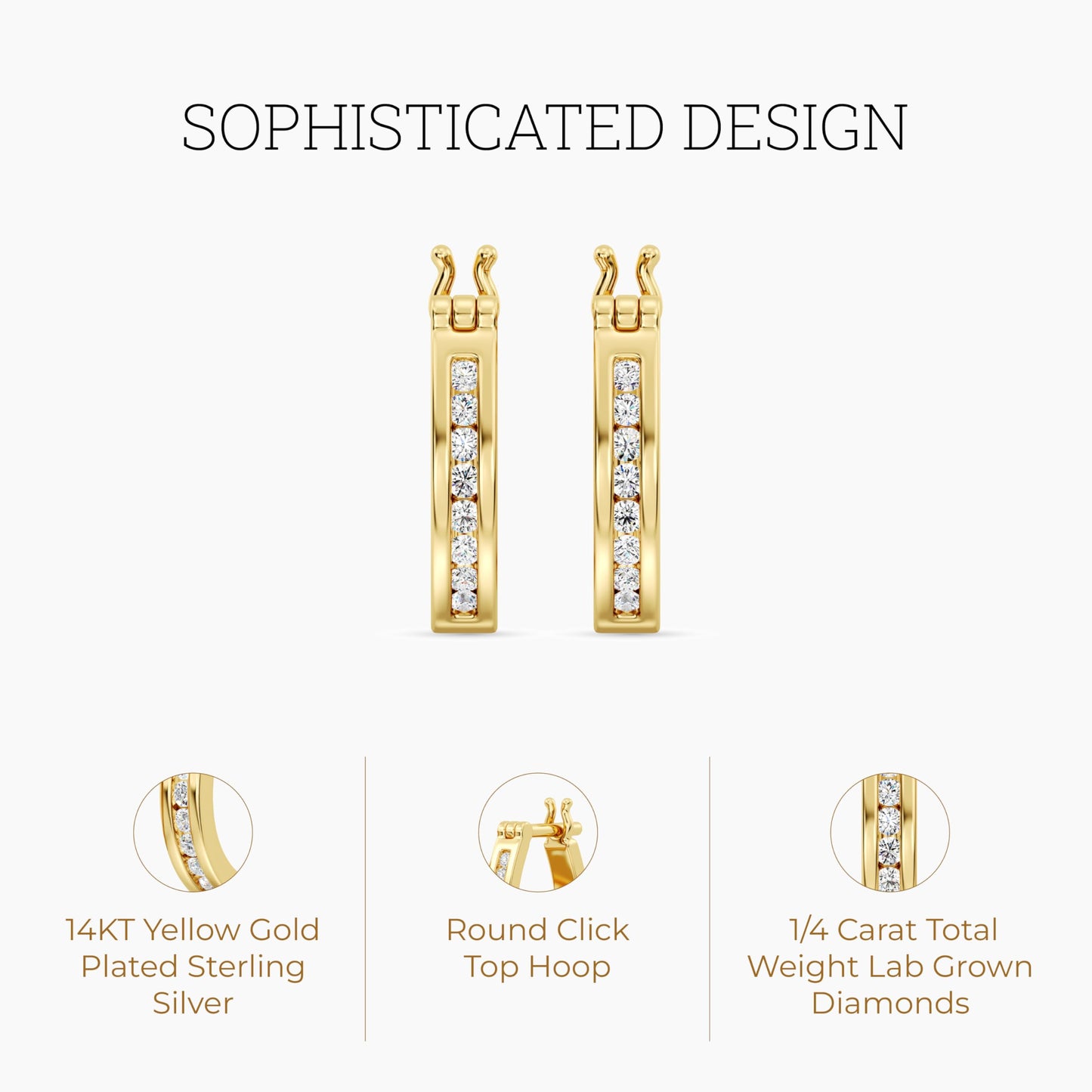 Gilded 1/4 Carat Total Weight Lab-Grown Diamond U-Shaped Hoop Earrings for Women in 14KT Gold Plated Sterling Silver | Hypoallergenic Fine Jewelry | Click Top Closure | SI1 Clarity, F Color