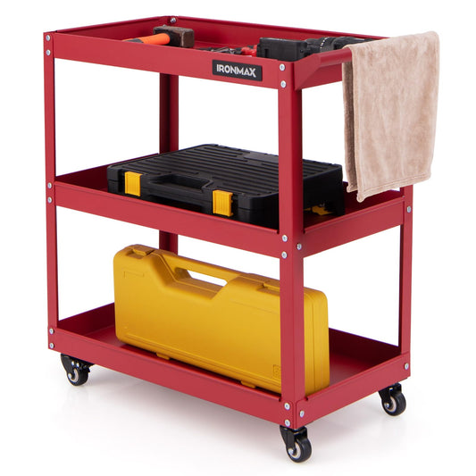 Goplus 3-Tier Utility Cart, Heavy Duty Commercial Service Tool Cart w/3 Spacious Shelves, 4 Universal Wheels with 2 Brakes, Rolling Mechanic Tool Cart Storage Organizer for Warehouse Garage