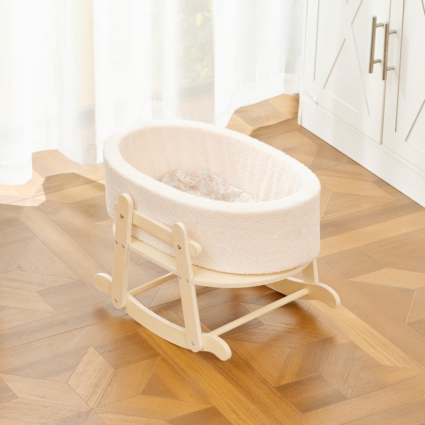 Wooden Baby Doll Crib, Baby Doll Bed Toys for Cat Dog, Wooden Boucle Bassinet for Dolls Up to 16 Inch, Doll Accessories with Mattress and Bassinet, Gift for Boys & Girls