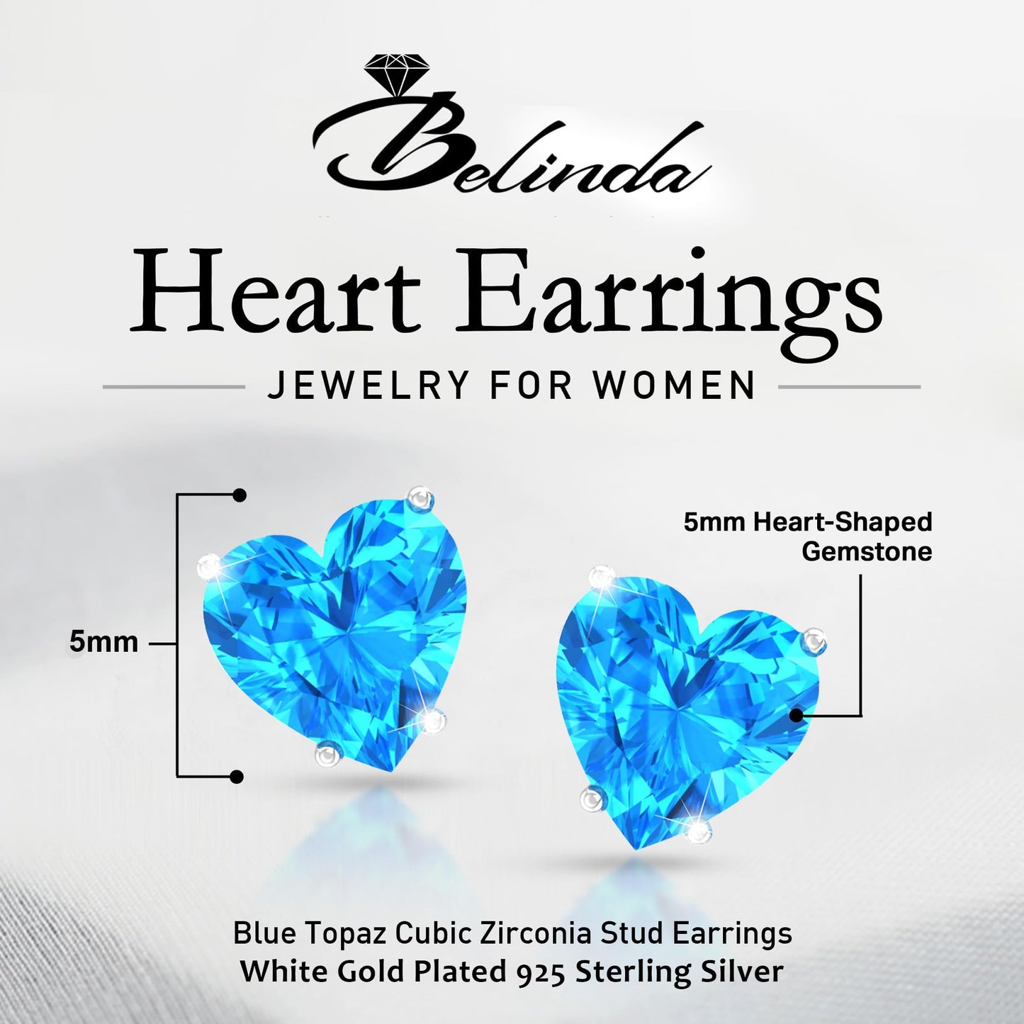 Belinda Jewelz - Heart Stud Earrings, 5mm Cubic Zirconia Heart Earrings with Prong Setting, 925 Sterling Silver Earrings Studs, Blue Topaz Stud Earrings for Women