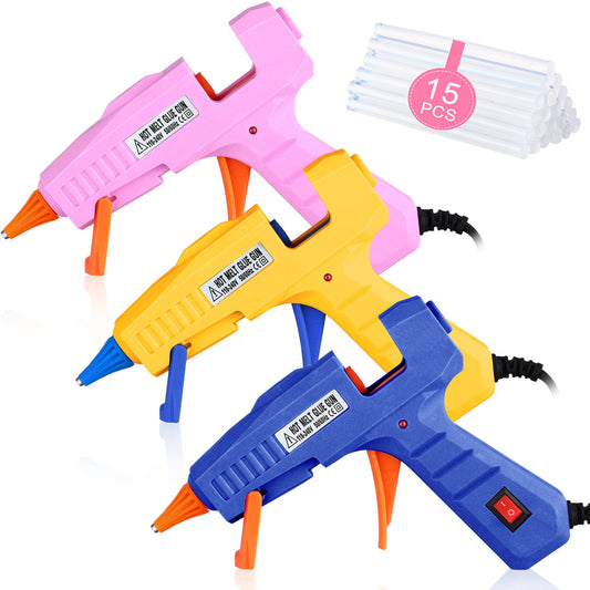 3 Pieces Glue Gun with 15 Glue Sticks, Hot Glue Sticks Mini Hot Glue Gun Kit Fast Preheating Craft Glue Guns for DIY Arts Home School Holiday Decoration, 30W, Blue/Orange/Pink