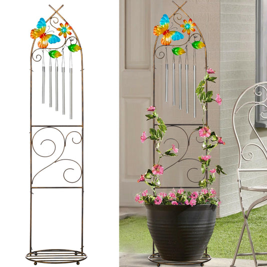 Garden Trellis with Plant Stands, 48” Metal Detachable Butterfly Plant Pot Trellis with Wind Chimes for Climbing Plants Outdoor Lawn Patio Porches Decor