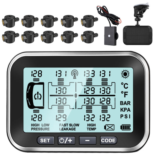 Trailer Tire Air Pressure Monitoring System, 4.5" Solar TPMS w/ 10 Flow Thru Sensors and Signal Booster,Long Sensing Distance,Taimster 6 Alerts Monitor for Semi Truck/RV/Camper/RV,0-199PSI