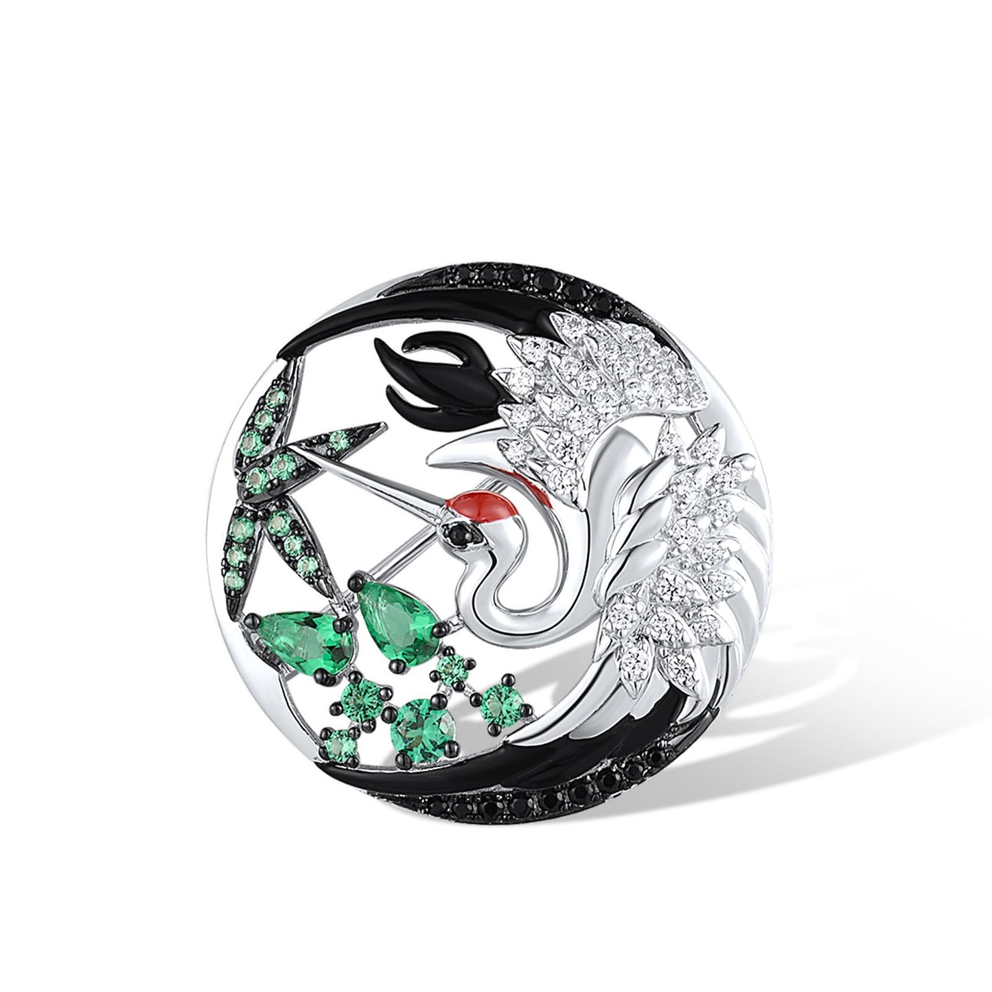 Santuzza 925 Sterling Silver Enamel Flying Red Crowned Crane Brooch Green Glass Cubic Zirconia Bird Brooch for Women
