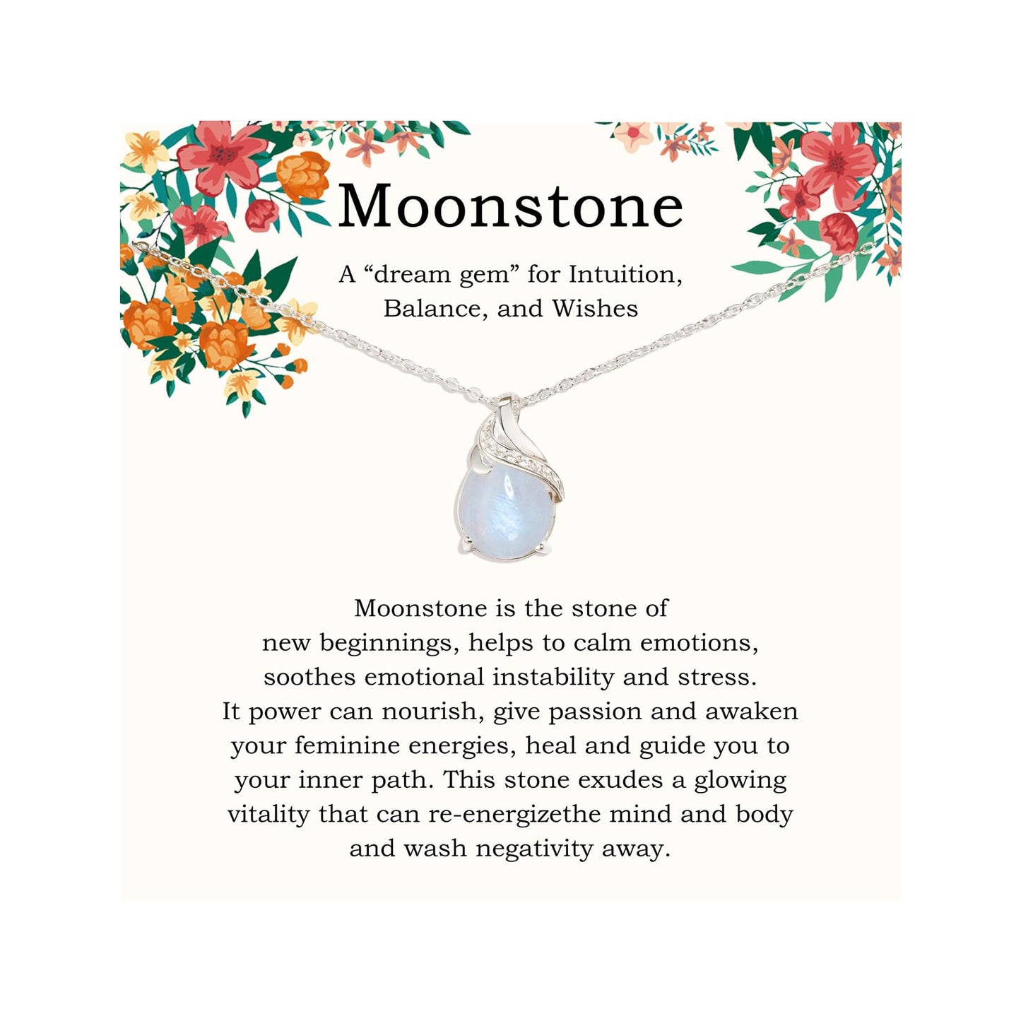 AnalysisyLove Sterling Silver Moonstone Necklace, New Beginnings, Inspirational Gifts for Women, Moonstone Jewelry, Best Friend Birthday Gift ideas