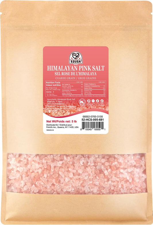 52USA Himalayan Pink Salt, Coarse Grain, 80 oz (5 Pound), Pink Himalayan Sea Salt, Sea Salt for Grinder Refill, Kosher Salt
