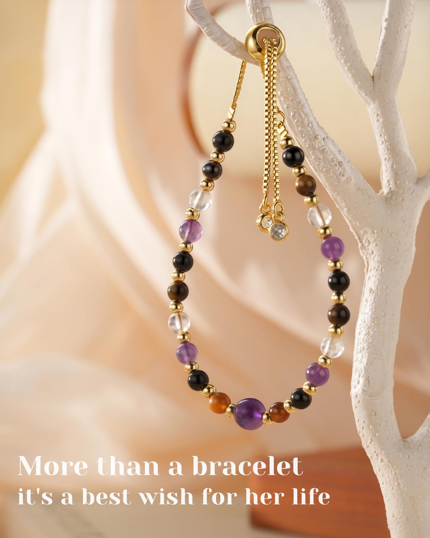 HGDEER Anxiety Relief Items Beaded Bracelets for Women Stress Crystal, Healing Amethyst Tigers Eye Depression Jewelry Fashion Gemstone Purple Stone Anti Tourmaline Natural Gifts Panic Attack Mental
