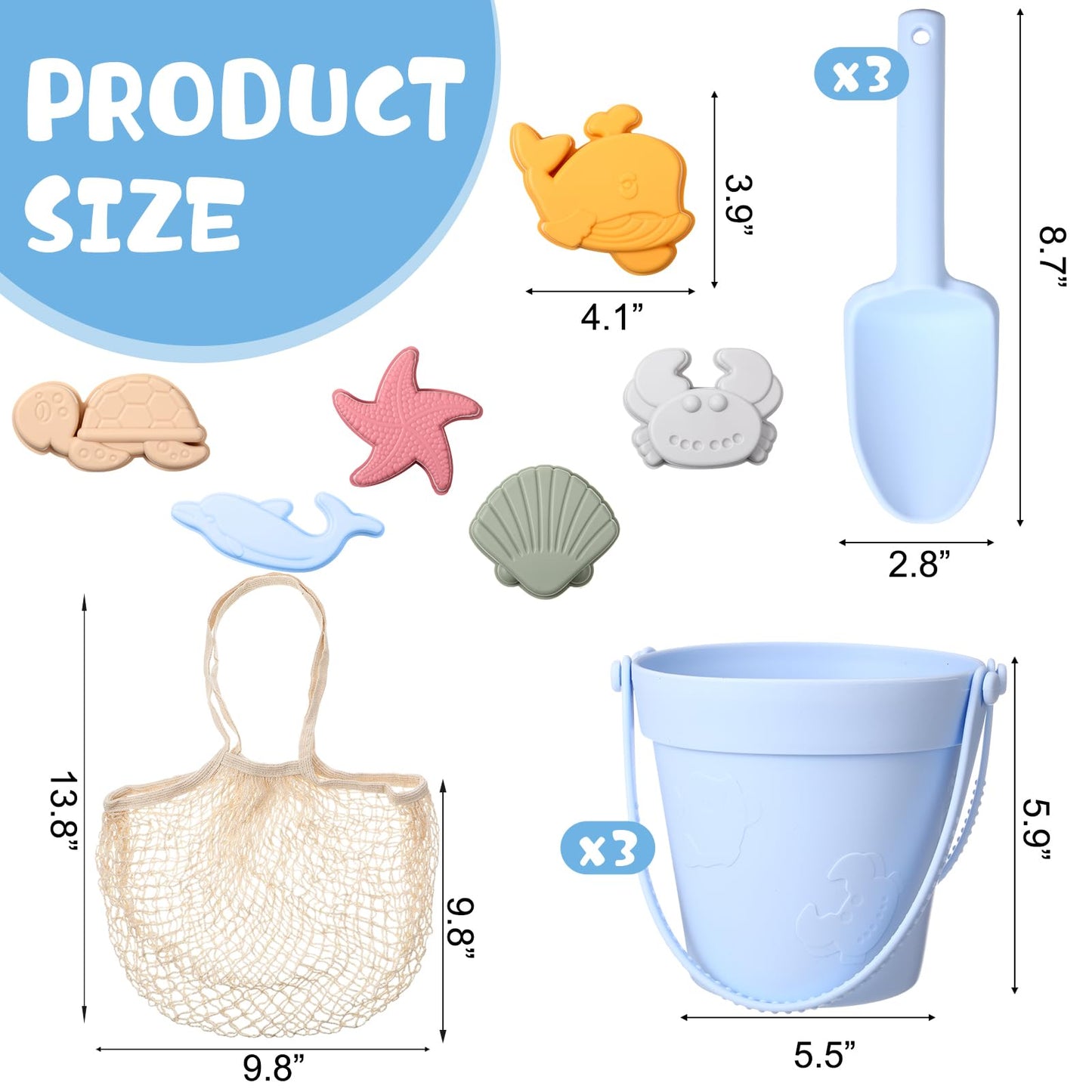 Hungdao 13 Pcs Silicone Beach Toys Travel Beach Set Sand Toys Including 3 Silicone Buckets 3 Shovels 6 Sea Creature Sand Molds 1 Bag for Kids Boys Girls Summer Pool Outdoor Bath(Green Gray Blue)