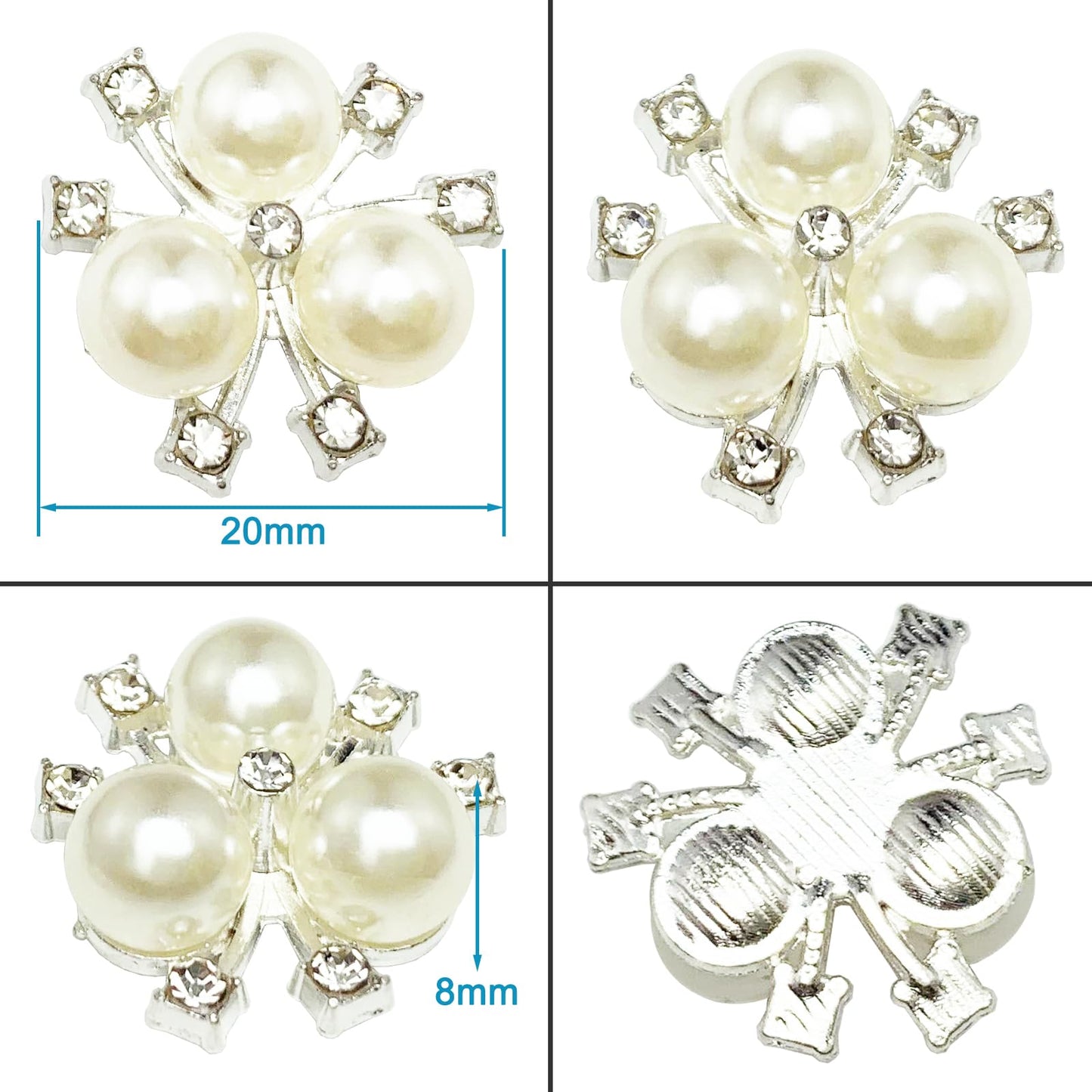 BETITETO 50Pcs Pearl Rhinestone Charms Buttons Embellishments Bulk Flatback for Shoe Decoration Jewelry Making Clothes Brooch Headbands and Wedding Flower Bouquet Crafts DIY (#1 Silver Alloy)