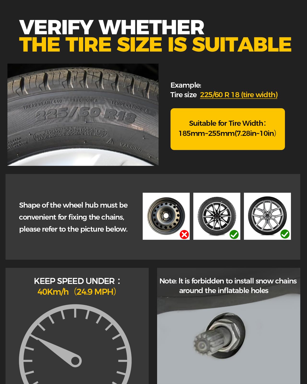 KYX Upgrade Alloy Steel Tire Chains for Car/SUV/Pickup Truks, Adjustable Universal Emergency Snow Chains for Off-road SUV Car Tires 185 195 205 215 225 235 245 255 - Set of 6, Alloy Steel