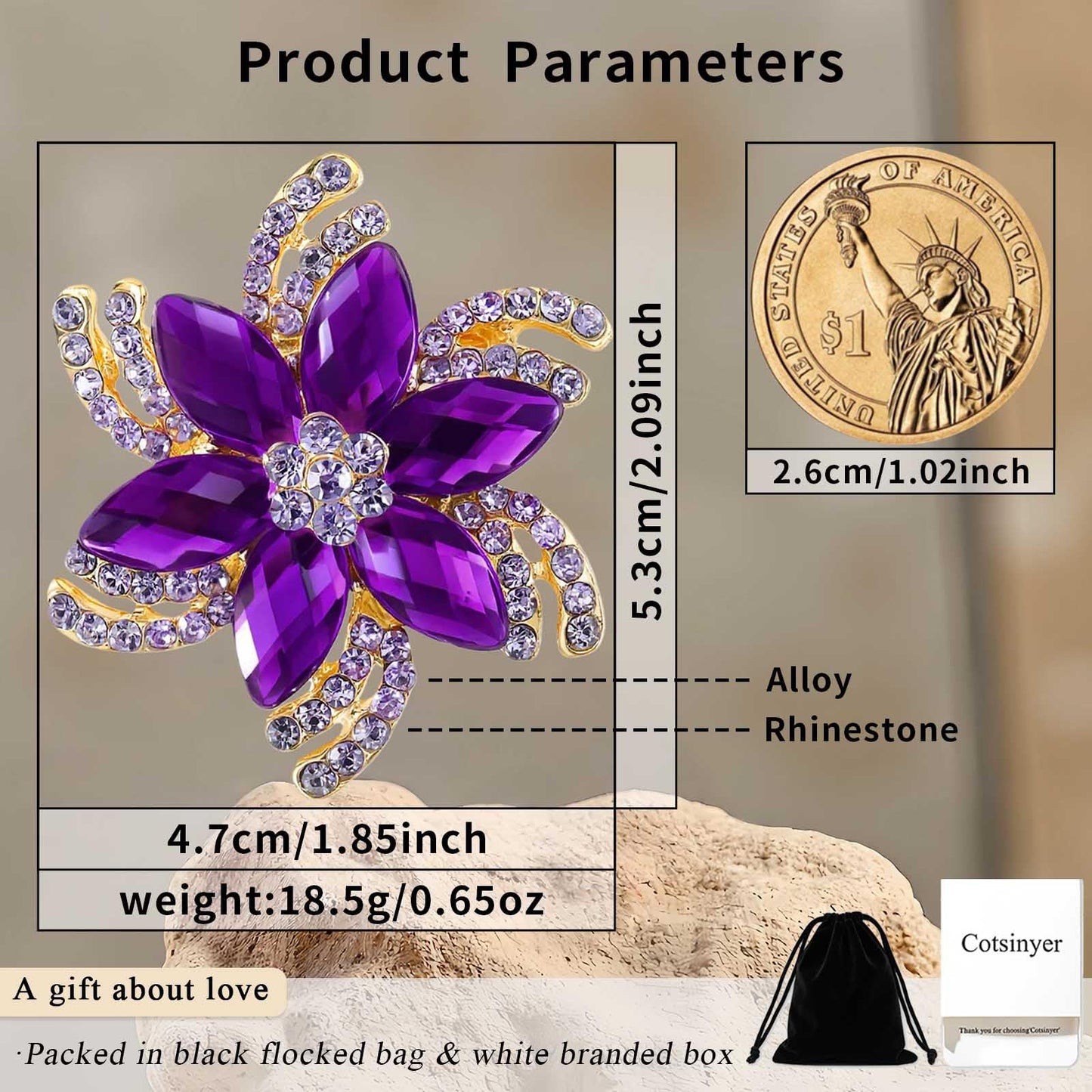 Cotsinyer Floral Brooch with Rhinestones-Elegant Gold and Purple Crystal Lapel Pin for Women，Ideal for Wedding, Party, Hat, and Scarf Accessory