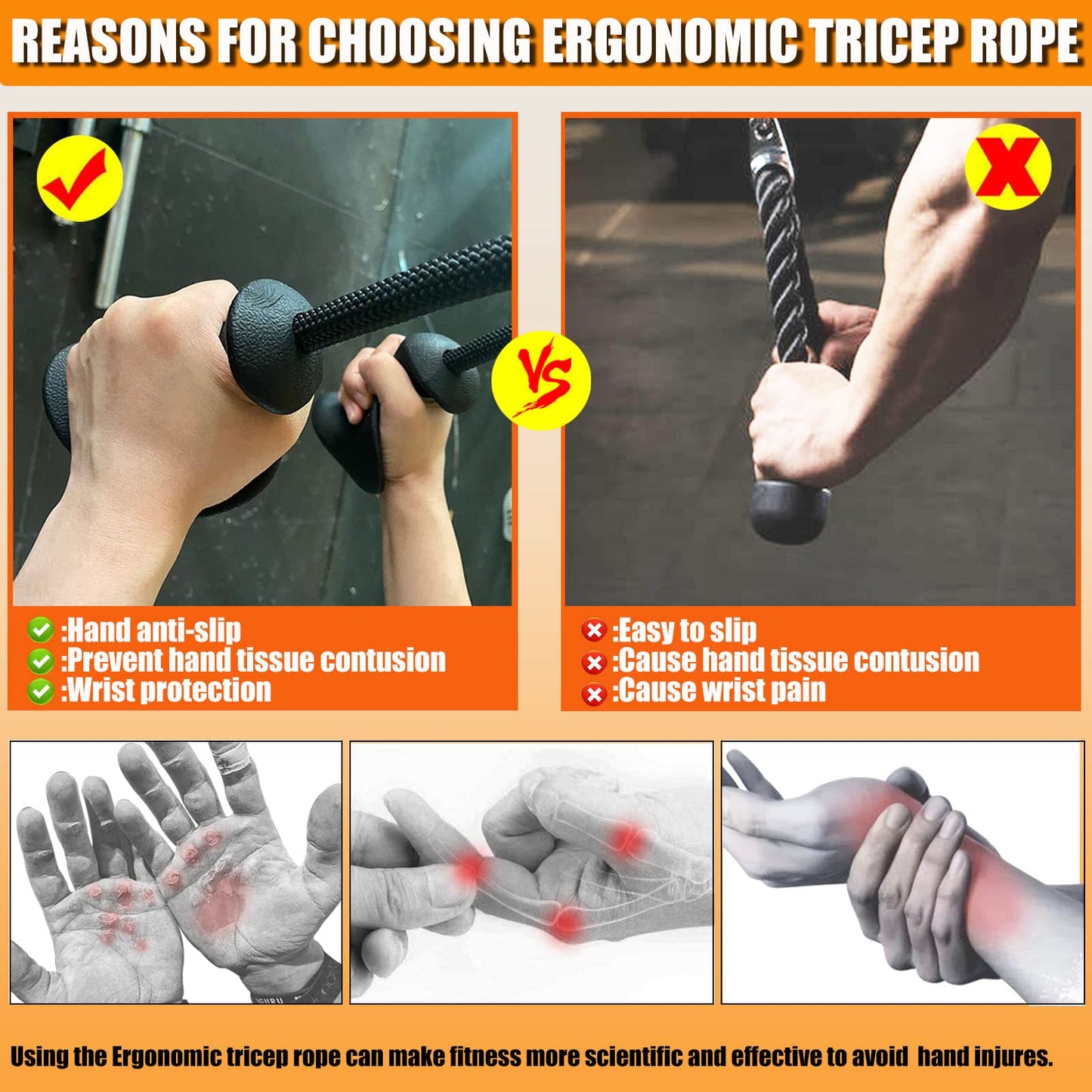 Ergonomic Tricep Rope Pull Down Attachment, Upgraded Long Triceps Rope Cable Attachments for Gym, Lat Pull Down Bar for Cable Machine, Tricep Lat Pulldown Workout Cable Attachments (HAND ROPE-03)
