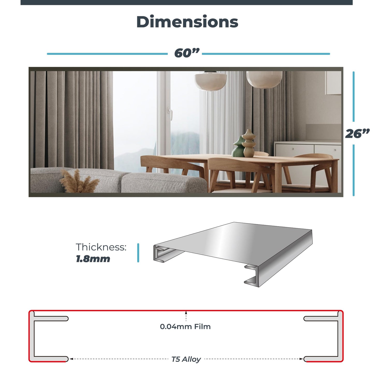 Glassless Large Gym Mirror Shatterproof Unbreakable Wall Mirror for Gym, Dance Studio, Home Workout Room – 0.04mm Nano Film – Chrome 26" x 60" by Fab Glass and Mirror