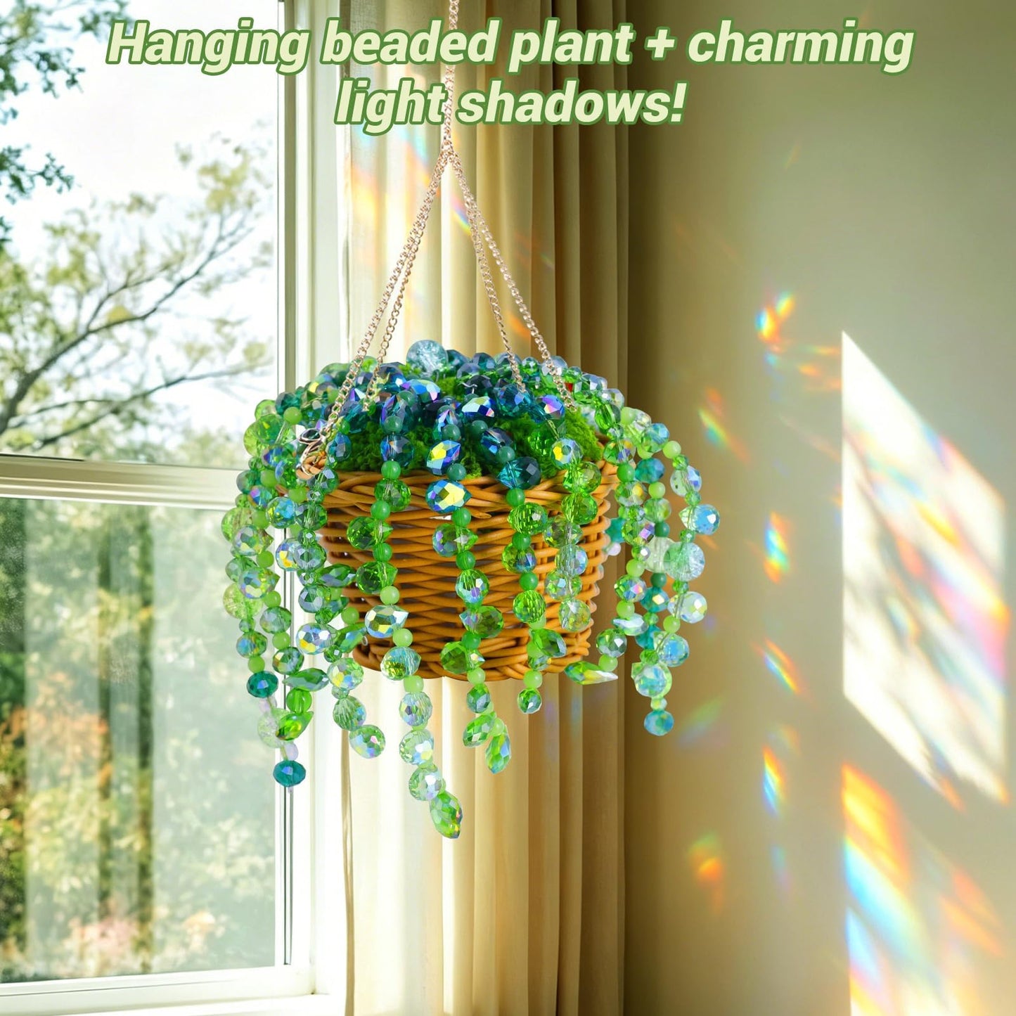 Wurosi 853 PCS Green Beaded Plant Kit with Rattan Basket, Green Beads for Beaded Plants with Hanging Chain and Video Manual, Forever Plant Beaded Making Kit for Jewelry Making and DIY Crafts