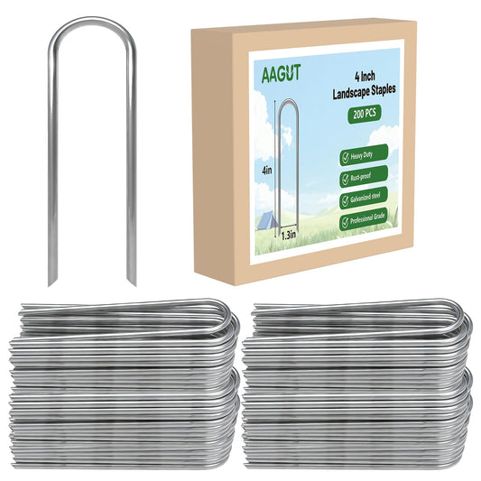 AAGUT 4 Inch Landscape Stakes 200 Pack Garden Drip Irrigation Tubing Stakes Heavy Duty 14 Gauge Galvanized Ground Staples Lawn U Hooks for Soaker Hose, Chicken Wire, Chain Link Fence, Dog Fence