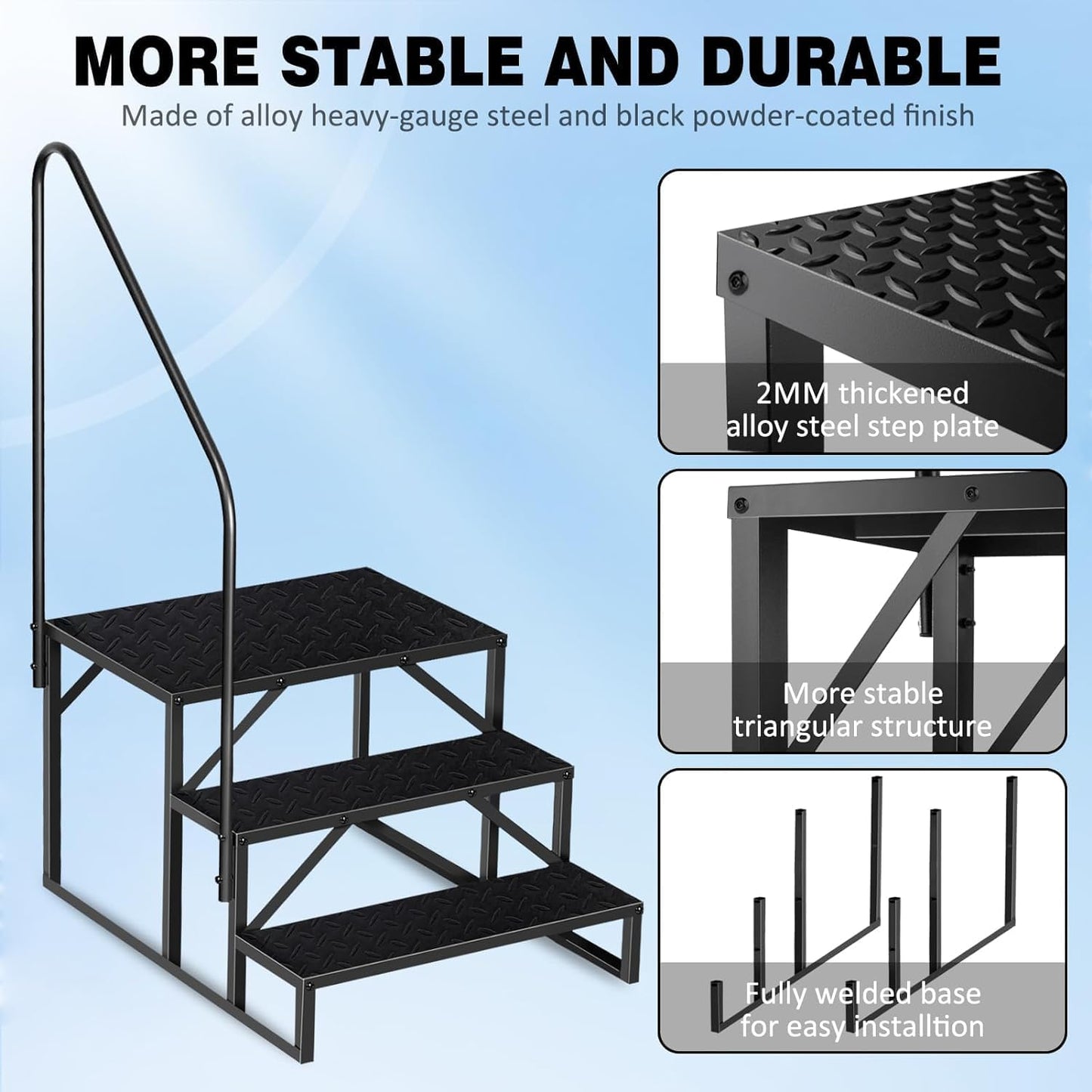 RV Steps with Handrail, 3 Step RV Stairs 660lbs Load Capacity, Heavy Duty Camper Steps with Wide & Anti-Slip Platform, Portable Outdoor Metal Entry Stairs for Hot Tub, Mobile Home, Travel Trailers