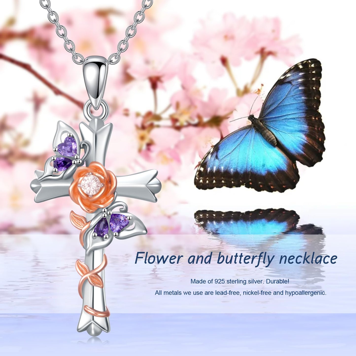 Butterfly Rose Necklaces 925 Sterling Silver for Women Double Purple Butterfly Necklace Pink Rose Cross Pendant Christian Faith Jewelry Mothers Day Gifts for Mom Lover Graduation Birthday Gift