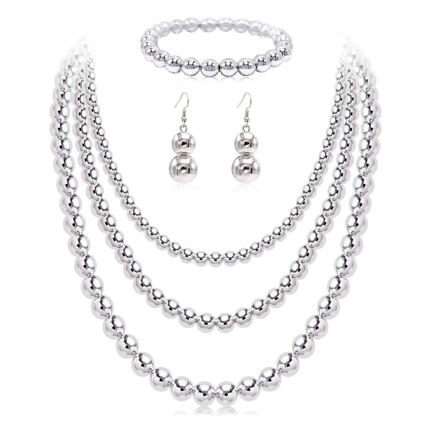 Cryshimmer Silver Bead Necklaces Earring Bracelet for Women Silver Plated Chunky Beads Strand Layered Necklace Costume Jewelry Set(16"/18"/21")