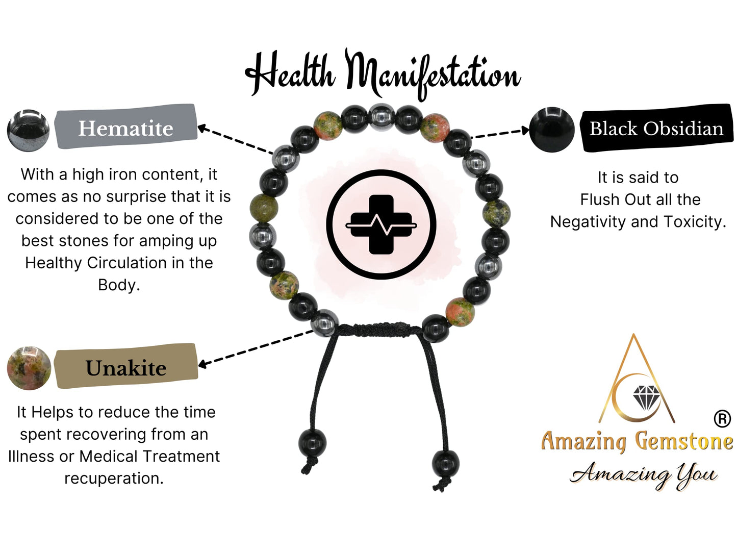 Amazing Gemstone Health Bracelet - Unakite Black Obsidian Hematite Bracelet Set for Men Women Healing Calming Anxiety Stress Relief Gifts Pulseras Para Hombres Mujer Stocking Stuffers (Adjustable)