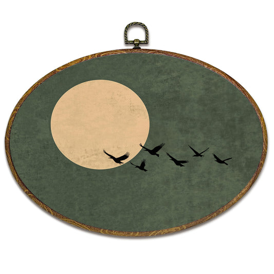 kdqua Japanese Moon Bird Oval Wall Art Decor, Mid Century Modern Minimalist Japandi Canvas Artwork Framed, Asian Oriental Bird Wall Hanging Decorations for Home Bedroom Living Room, 11.4x8.6 Inch