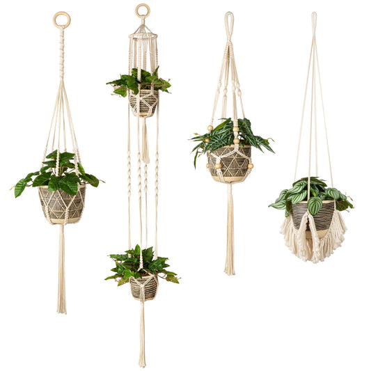 ANROYE Macrame Plant Hanger for Indoor Set of 4, Bohemian Hanging Planter with Tassels for Flower Pot, Boho Decorative Houseplant Rope Holder for Home Decor Bedroom Window Farmhouse