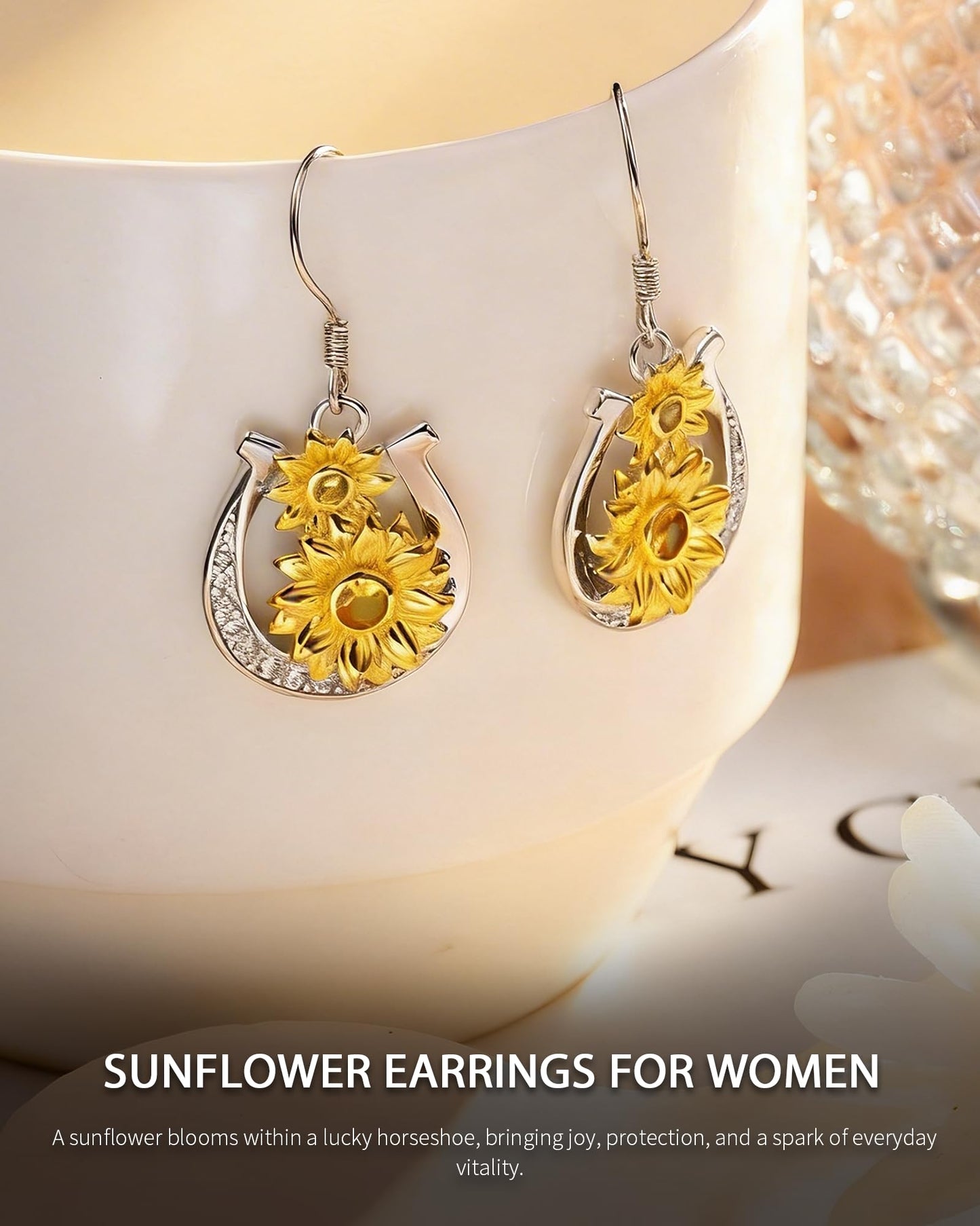JZWUYAN 925 Sterling Silver Sunflower Horseshoe Dangle Earrings for Women — Two-Tone Gold Plated Floral Drop Earrings with Citrine Stone — Birthday, Mother's Day, Graduation Gift for Her