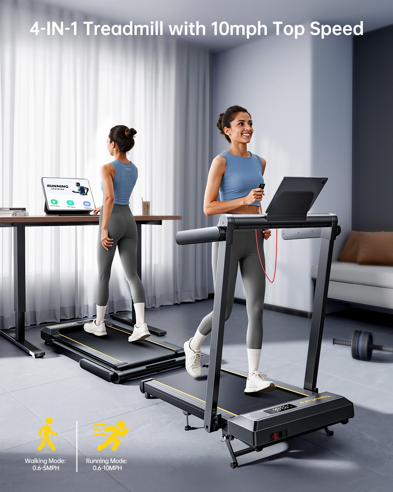 Walking Pad Treadmill with 12% Incline and Handle Bar, 4 in 1 Folding Treadmill for Home/Office, Under Desk Treadmills Portable Walking Pad with App & Bluetooth Speaker, 0.6-10MPH