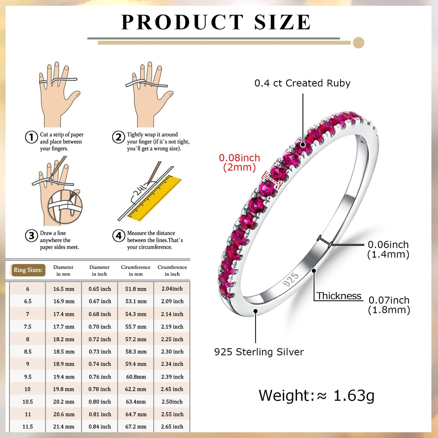 0.4 Cttw Ruby Wedding Ring 925 Sterling Silver Stackable Half Eternity Band July Birthstone Inlaid Red Stone Promise Cocktail Rings for Men Women, Size 7