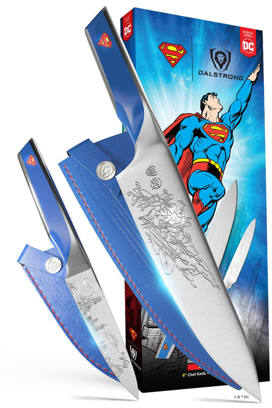 Dalstrong Knife Set-2pc- DC SUPERMAN™ Licensed Edition-8" Chef Knife & 4" Paring Knife-Premium German Stainless Steel-POM Handle Kitchen Knife Set-Leather Sheaths