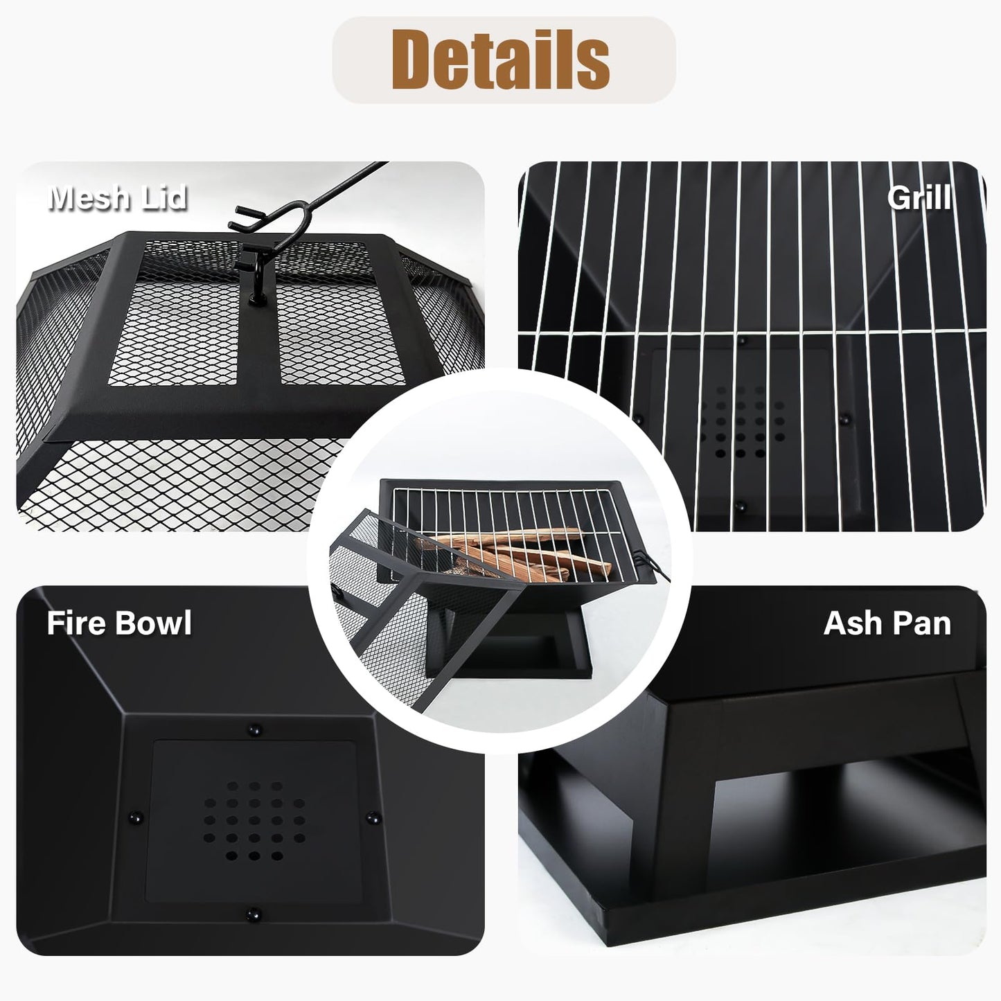 Quilushey 19.8inch Portable Small Fire Pit with a Removable Ash Pan, Fire Poker, Mesh Lid, 2 in 1 Square Outdoor Fireplace for BBQ, Outside Heating, Bonfire Party, Camping, Backyard, Patio, RV Trip