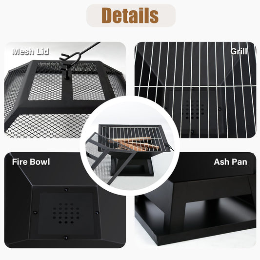 Quilushey 19.8inch Portable Small Fire Pit with a Removable Ash Pan, Fire Poker, Mesh Lid, 2 in 1 Square Outdoor Fireplace for BBQ, Outside Heating, Bonfire Party, Camping, Backyard, Patio, RV Trip