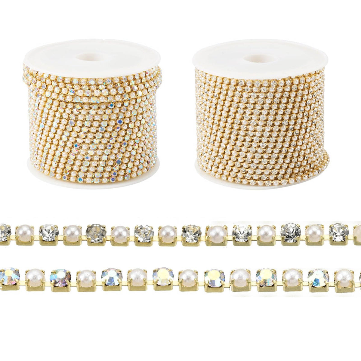 Fashewelry 10 Yards Pearl Rhinestone Chain Trim 2mm Golden Rhinestone Close Chain Tiny Rhinestones Banding for Sewing Crafts Shoes Clothes Nail Art Jewelry Making