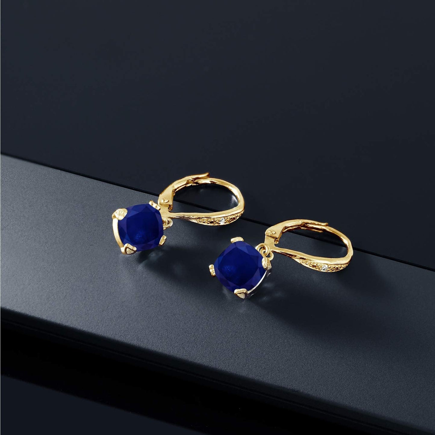 Gem Stone King Drop Dangle Earrings For Women | 7MM Cushion Cut Gemstone Birthstone and Diamond | 925 Sterling Silver | Jewelry Gift for Mom Wife Her | Blue Sapphire-September | Yellow Gold