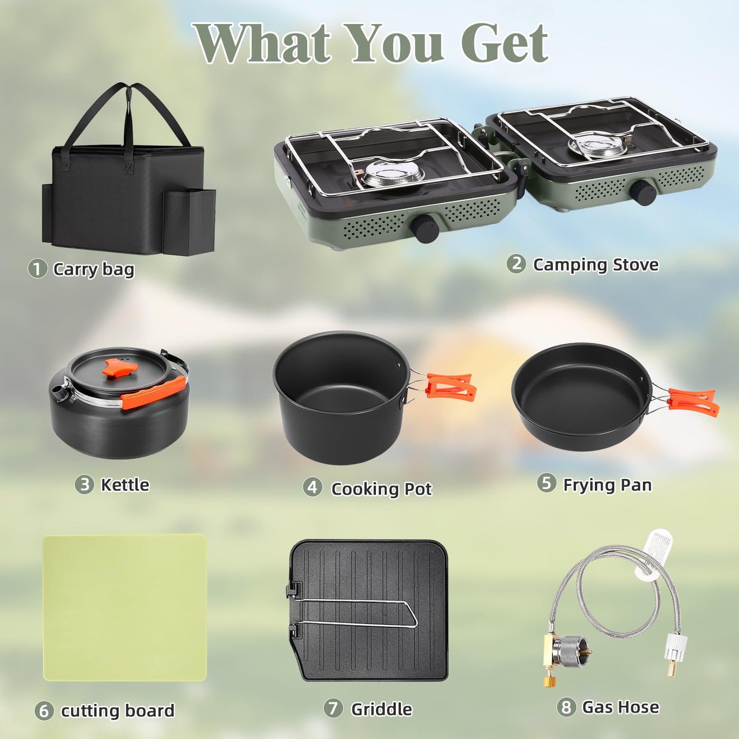 Hisencn 2 Burner Propane Camping Stove, 30000 BTU Foldable Portable Gas Stove with Cookware Set & Carry Bag, Outdoor Cooking for Camping, RV, Emergency Use, Green