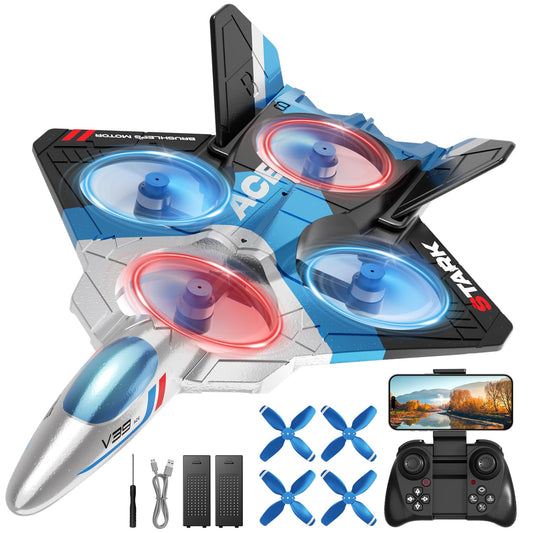 4DRC V39 Foam Remote Control Airplanes RC Planes with Camera,RC Airplane Fighter Jet with Light,Gravity Control, Auto-Follow, Trajectory Flight,One Key Take Off, 2 Batteries,Blue