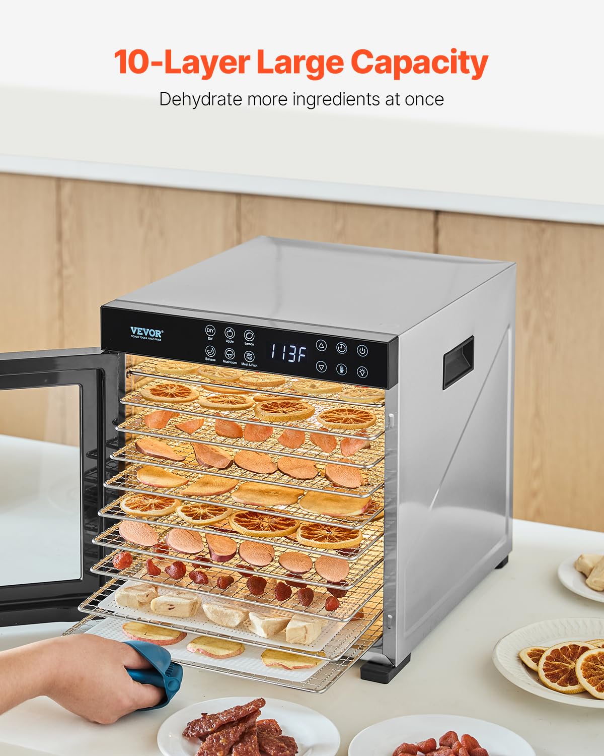 VEVOR Food Dehydrator, 10 Stainless Steel Trays Dehydrators Machine, 1000W Food Dryer with Adjustable Temp & 24-Hour Timer, Food Dehydrator for Jerky Meat Fruit Vegetables Herbs Dog Treats