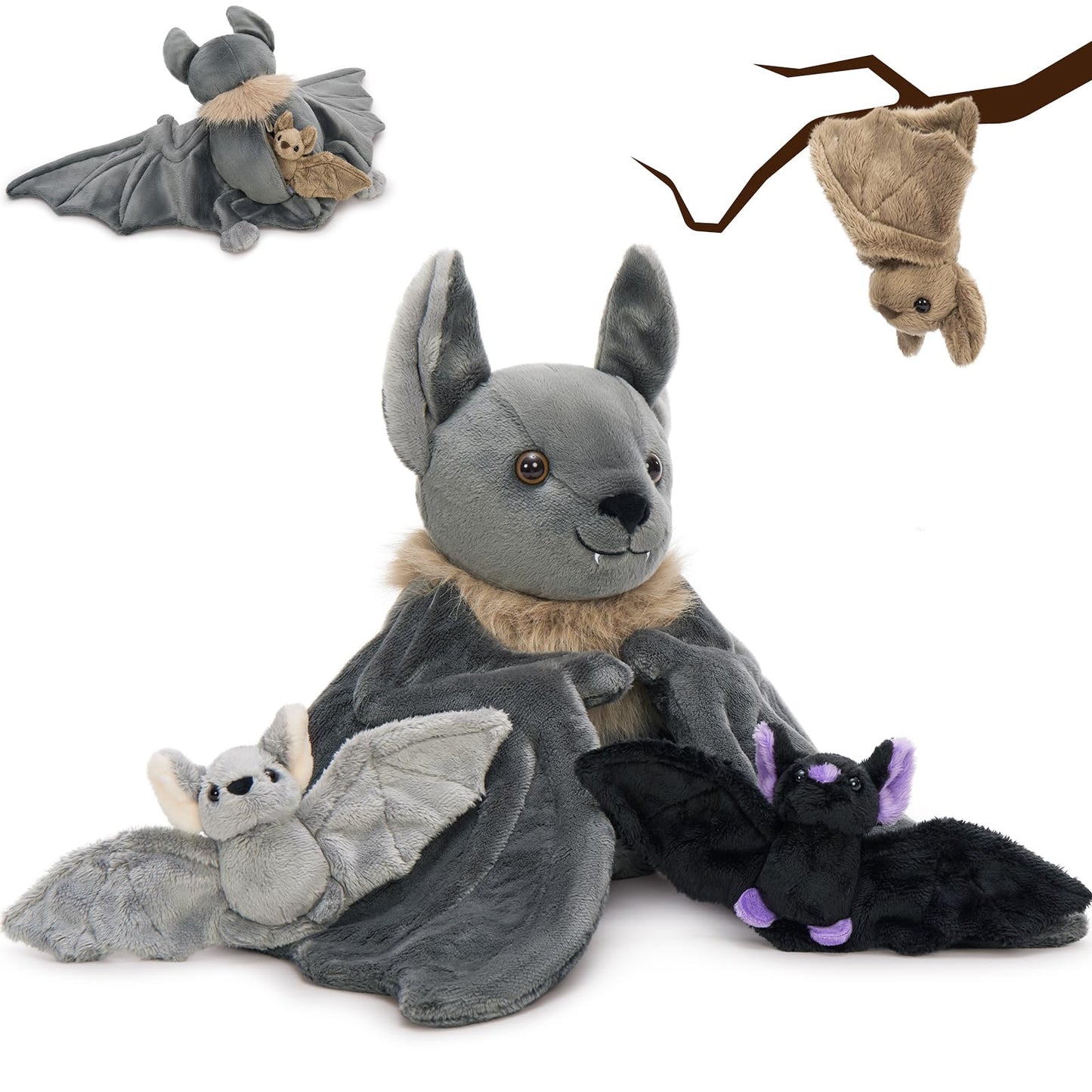 Tezituor 4Pcs Realistic Bat Stuffed Animals Set, 32inch Large Mommy Stuffed Bat with 3 Cute Babies for Boys Girls, Hugging Soft Bats Plushies Toy Gift for Halloween Party Decoration