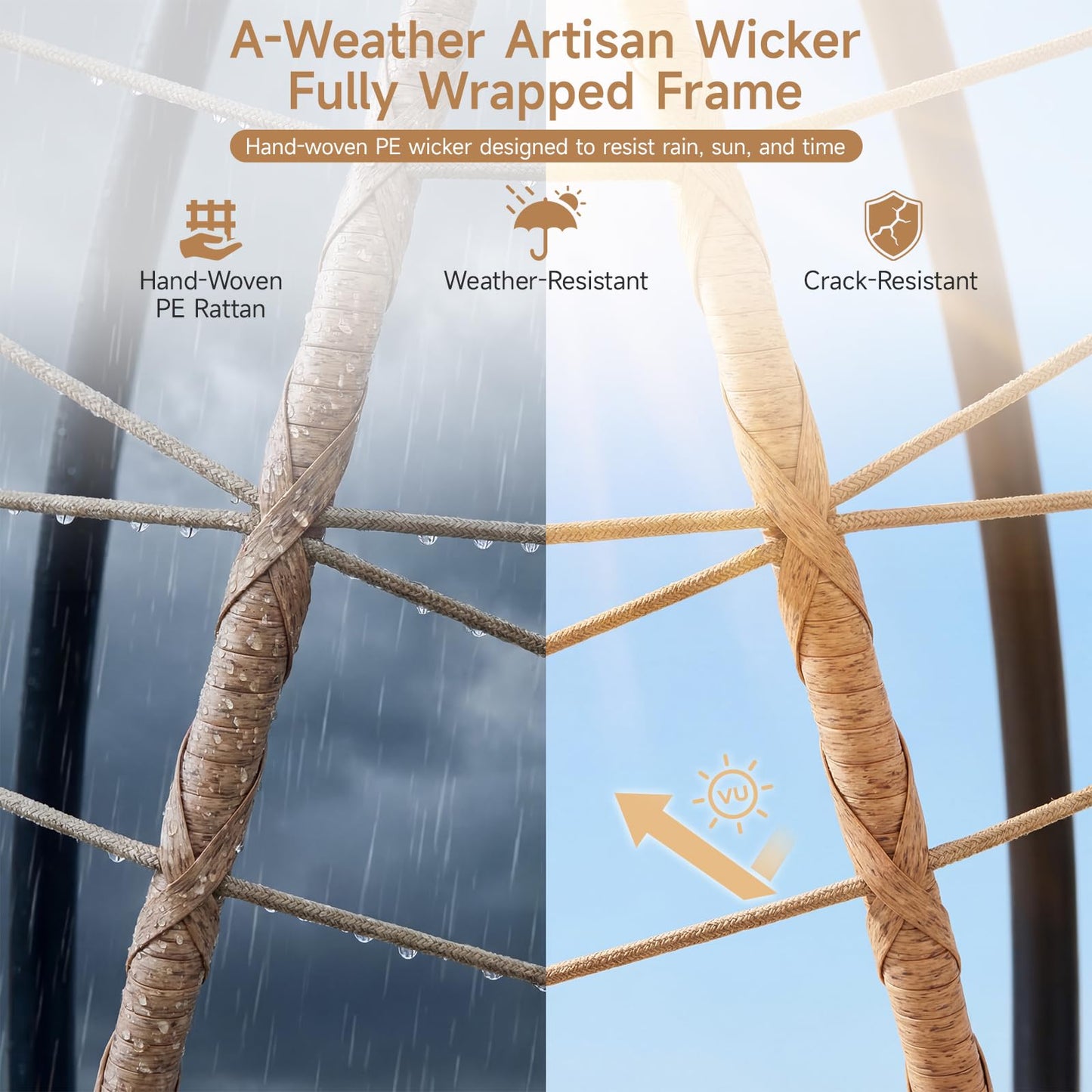 Wicker Egg Chair Outdoor, Hammock Chair with Footrest & Stand, Patio Swing with Cushion & Double Chains, Hanging Aluminum Alloy Steel Frame, 350LBS Capacity for Deck, Balcony, Beige