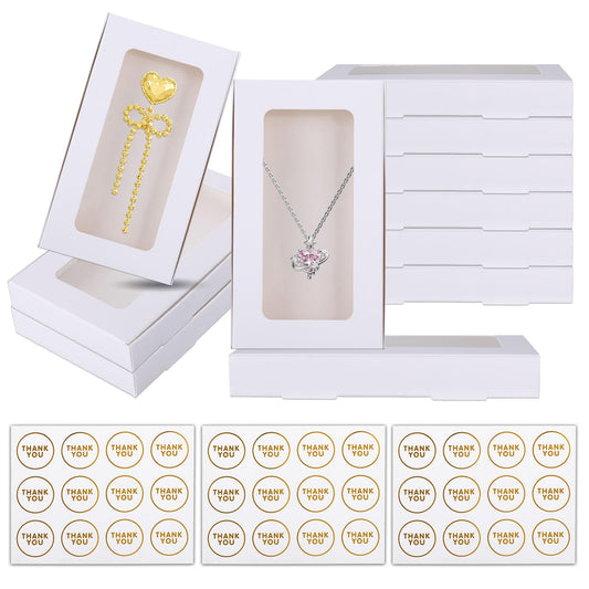 30 Pcs Jewelry Gift Boxes 3.15"X5.35"X0.7" Paper Necklace Box Bulk Jewelry Box with Clear Window 30 Display Card 36 Sticker Small Gift Boxes for Displaying Necklaces Christmas Birthday Wedding