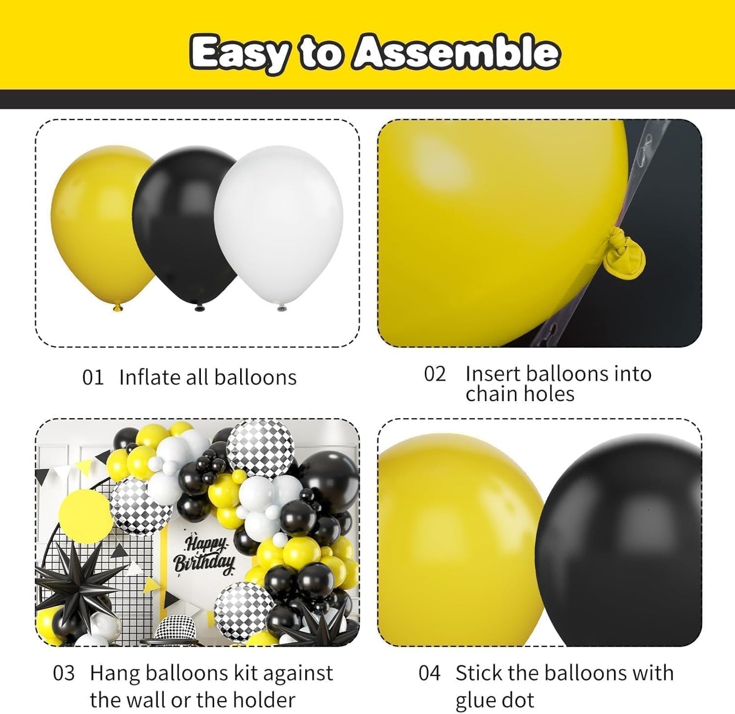 Black White Yellow Balloon Arch Kit,Balloons Garland Kit with Black White Checkered Star Balloons for Boys 1st Birthday Party Decorations