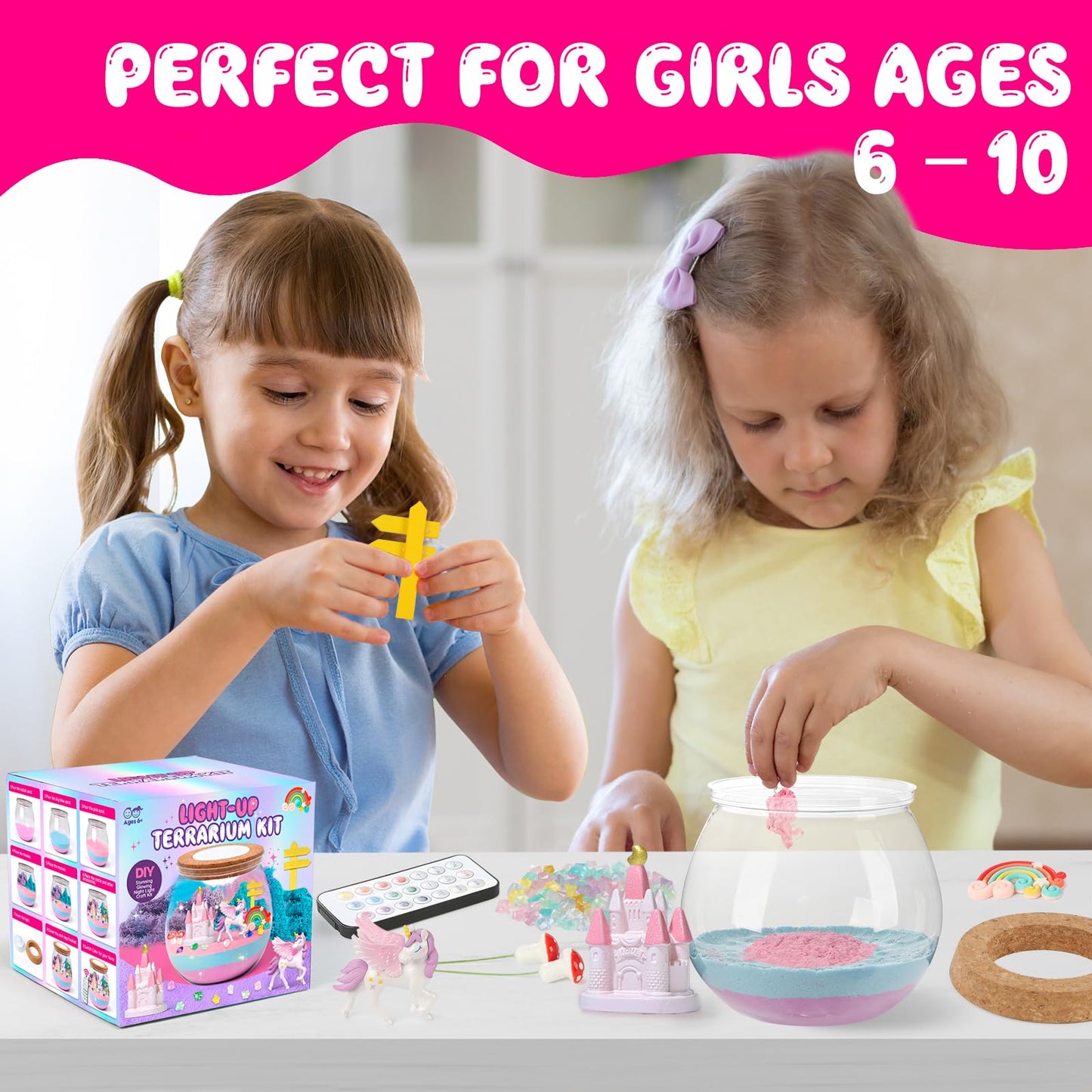 Unicorn Terrarium Crafts Kit for Kids: LED Night Light-Up DIY Toys with Remote – Fun Birthday Gifts for Girls Ages 5 6 7 8 9 10 Years Old – Creative Arts & Crafts Activity Set