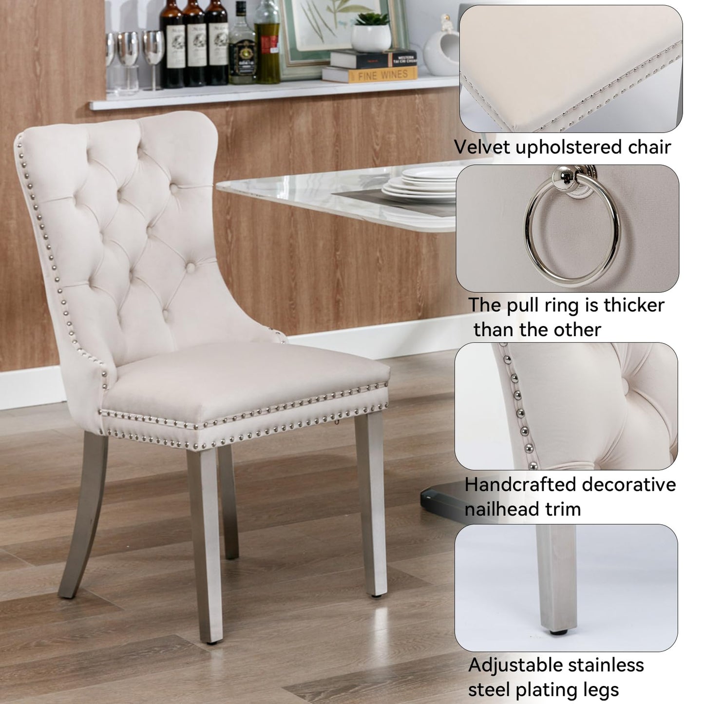 KUVADAZ 63"-78.74" White Faux Marble Extendable Dining Room Table Set for 8, 9-Piece Dining Table Set with 8 Chairs, Rectangle Wooden Expanding Kitchen Table and Beige Upholstered Chairs Set