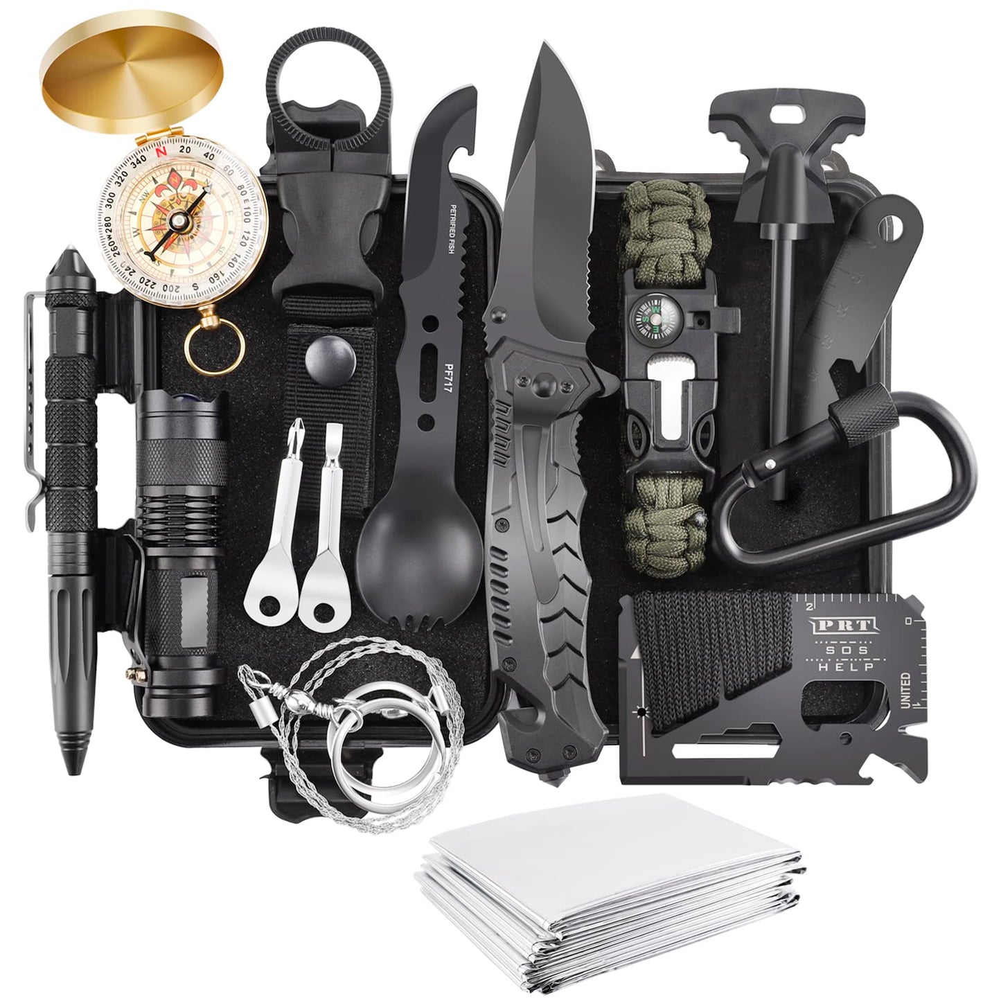 Survival Kit 17 in 1, Survival Gear and Supplies for Adult Teen Men, Survival Case, 2025 Xmas Holiday Surprise Gift for Fishing Hunting Camping Outdoor Adventure Gifts for Men Christmas