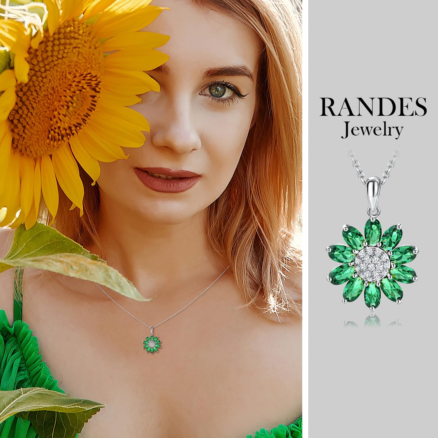 RANDES Emerald Sunflower Necklaces for Women Sterling Silver May Birthstone Necklace Dainty Green Stone Flower Pendant Necklace