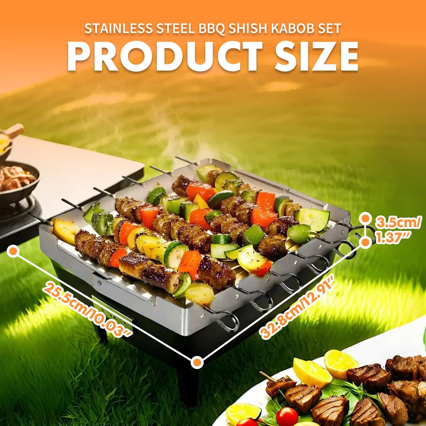Laexepelle Stainless Steel BBQ Shish Kabob Set, Foldable Grill Rack with 6pcs 13"L Reusable Skewers for Ooudoor Indoor Party and Cookout